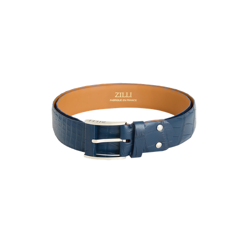Blue belt in crocodile, 40 mm, "126" buckle