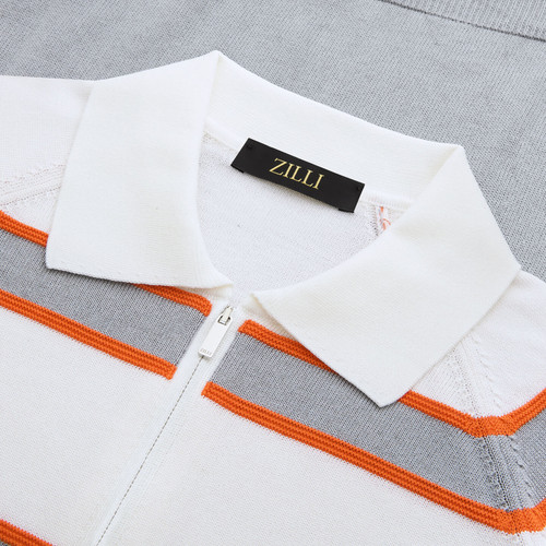 Soft grey zipped polo, "Block stripes" Soft grey zipped polo, "Block stripes"
