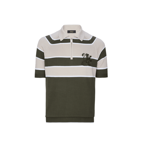 Deep military zipped polo, "Block stripes"