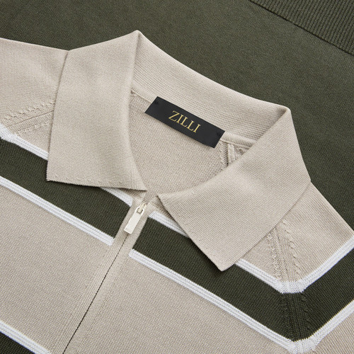 Deep military zipped polo, "Block stripes"