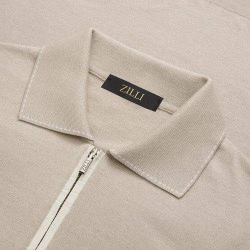 Pale fawn zipped polo, ribbon stiching