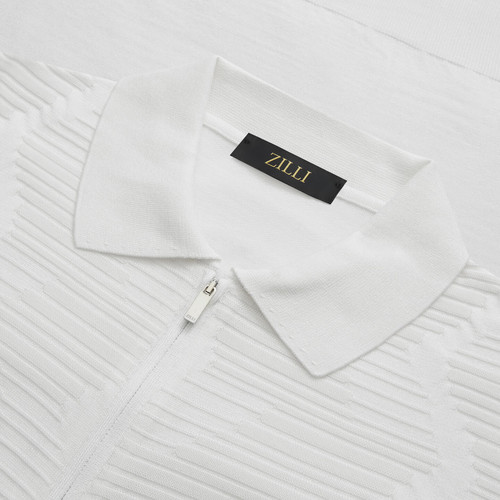 Natural white zipped polo, "Tone Wave" 