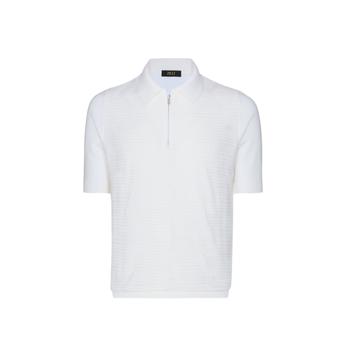 Natural white zipped polo, "Tone Wave" 