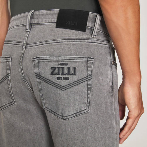 Soft grey jeans, regular fit, "Maison ZILLI EST 1965" embroidery 
