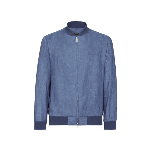 Smoke blue bomber with knitted collar, cuffs and waistband