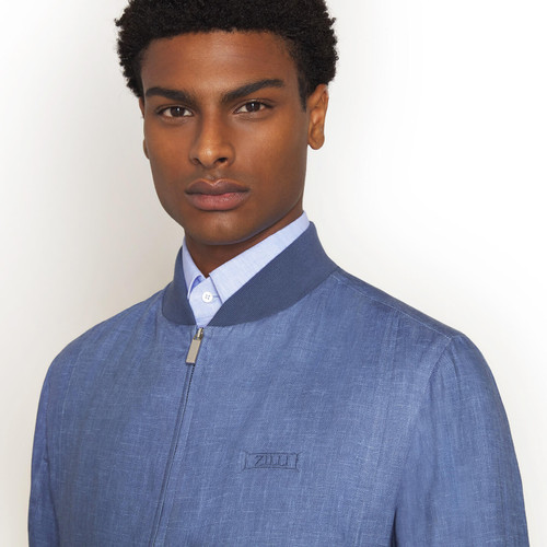 Smoke blue bomber with knitted collar, cuffs and waistband