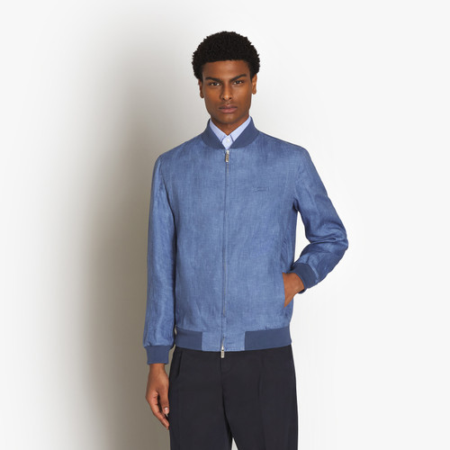 Smoke blue bomber with knitted collar, cuffs and waistband