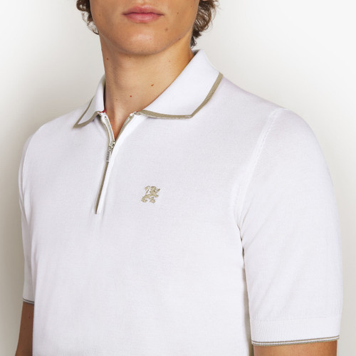 White zipped polo, "ZILLI Club Lion" embroidery