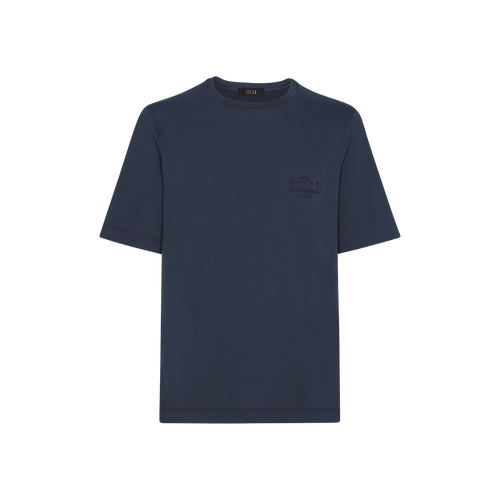 Blue navy t-shirt, round neck, front pocket, "Maison ZILLI EST 1965" embroidery Blue navy t-shirt, round neck, front pocket, "Maison ZILLI EST 1965" embroidery