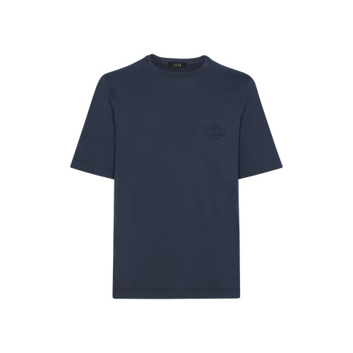 T-shirt bleu marine, col rond, poche avant, broderie "Maison ZILLI EST 1965"