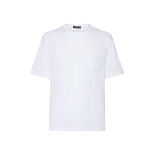 White t-shirt, round neck, front pocket, "Maison ZILLI EST 1965" embroidery White t-shirt, round neck, front pocket, "Maison ZILLI EST 1965" embroidery