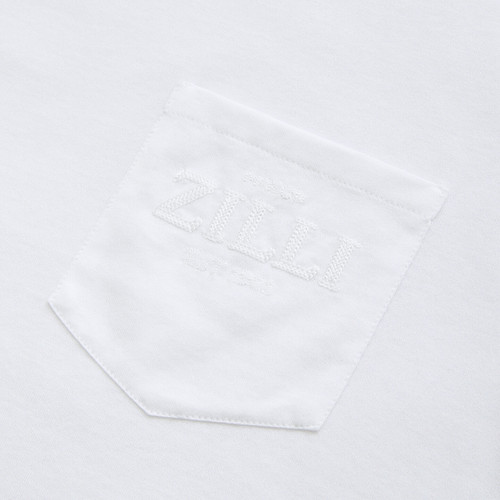 White t-shirt, round neck, front pocket, "Maison ZILLI EST 1965" embroidery White t-shirt, round neck, front pocket, "Maison ZILLI EST 1965" embroidery