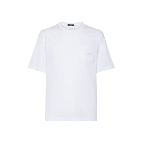 White t-shirt, round neck, front pocket, "Maison ZILLI EST 1965" embroidery White t-shirt, round neck, front pocket, "Maison ZILLI EST 1965" embroidery