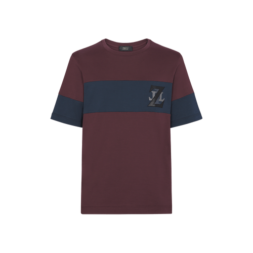 Deep cherry and blue t-shirt, round neck, "ZILLI" monogram in calfskin Deep cherry and blue t-shirt, round neck, "ZILLI" monogram in calfskin