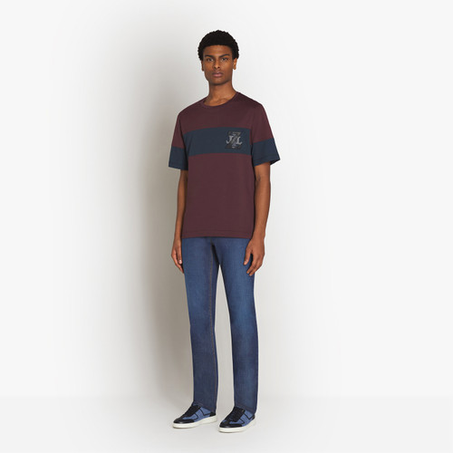 Deep cherry and blue t-shirt, round neck, "ZILLI" monogram in calfskin Deep cherry and blue t-shirt, round neck, "ZILLI" monogram in calfskin