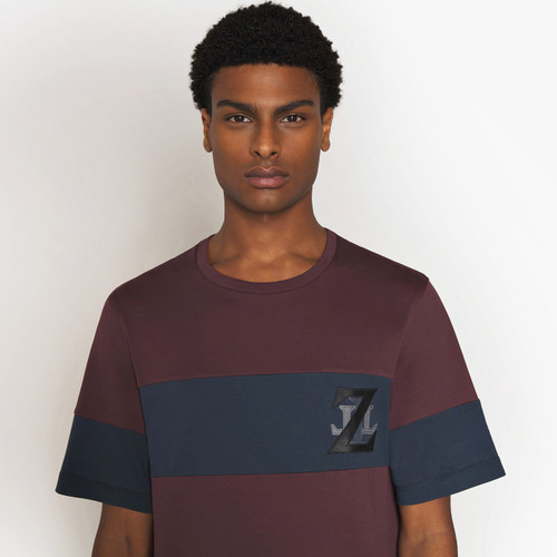 Deep cherry and blue t-shirt, round neck, "ZILLI" monogram in calfskin Deep cherry and blue t-shirt, round neck, "ZILLI" monogram in calfskin