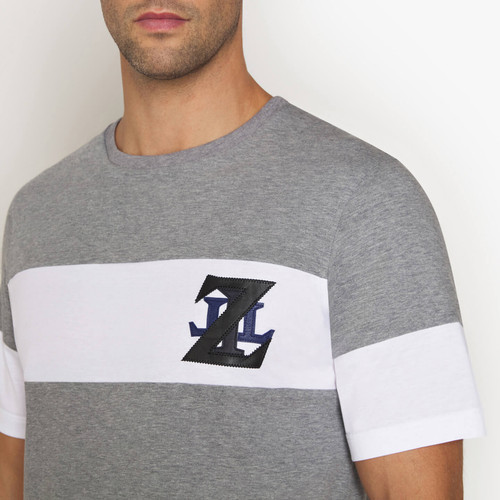 Grey and white t-shirt, round neck, "ZILLI" monogram in calfskin