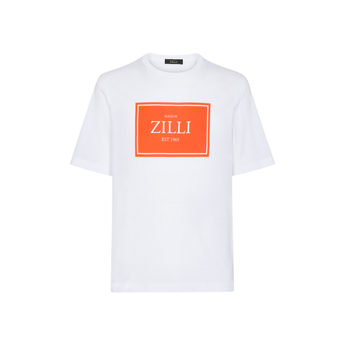 White t-shirt, round neck, "Maison ZILLI EST 1965" printed pattern
