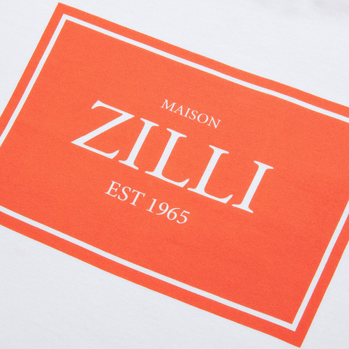 White t-shirt, round neck, "Maison ZILLI EST 1965" printed pattern White t-shirt, round neck, "Maison ZILLI EST 1965" printed pattern