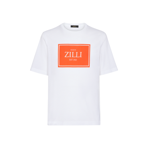 White t-shirt, round neck, "Maison ZILLI EST 1965" printed pattern