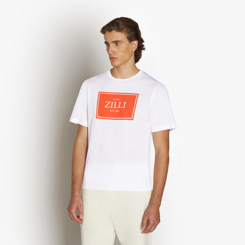 White t-shirt, round neck, "Maison ZILLI EST 1965" printed pattern