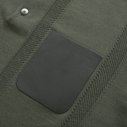 Deep military buttoned polo, leather pocket and inserts