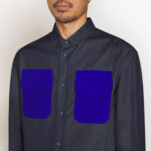 Navy blue denim shirt, electric blue front pockets 