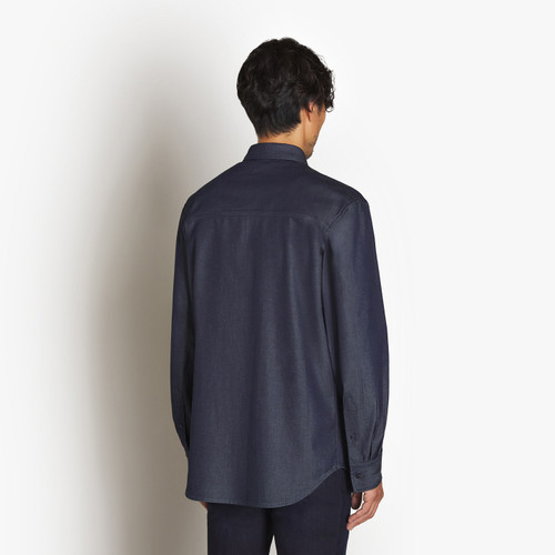 Navy blue denim shirt, electric blue front pockets 