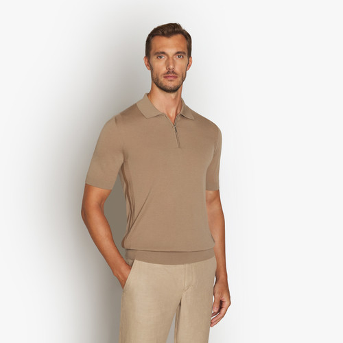 Polo zippé camel, bandes latérales en cuir