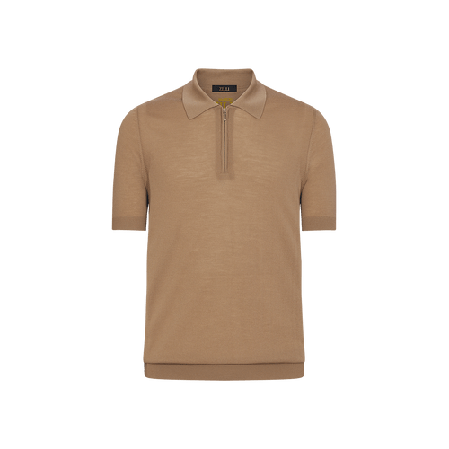 Camel zipped polo, leather sidebands Camel zipped polo, leather sidebands