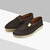 Dark brown moccasins, gold and cream metallic plate