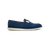 Navy blue moccasins, gold and cream metallic plaque