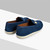 Navy blue moccasins, gold and cream metallic plaque
