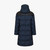 Long quilted midnight blue down jacket, removable hood