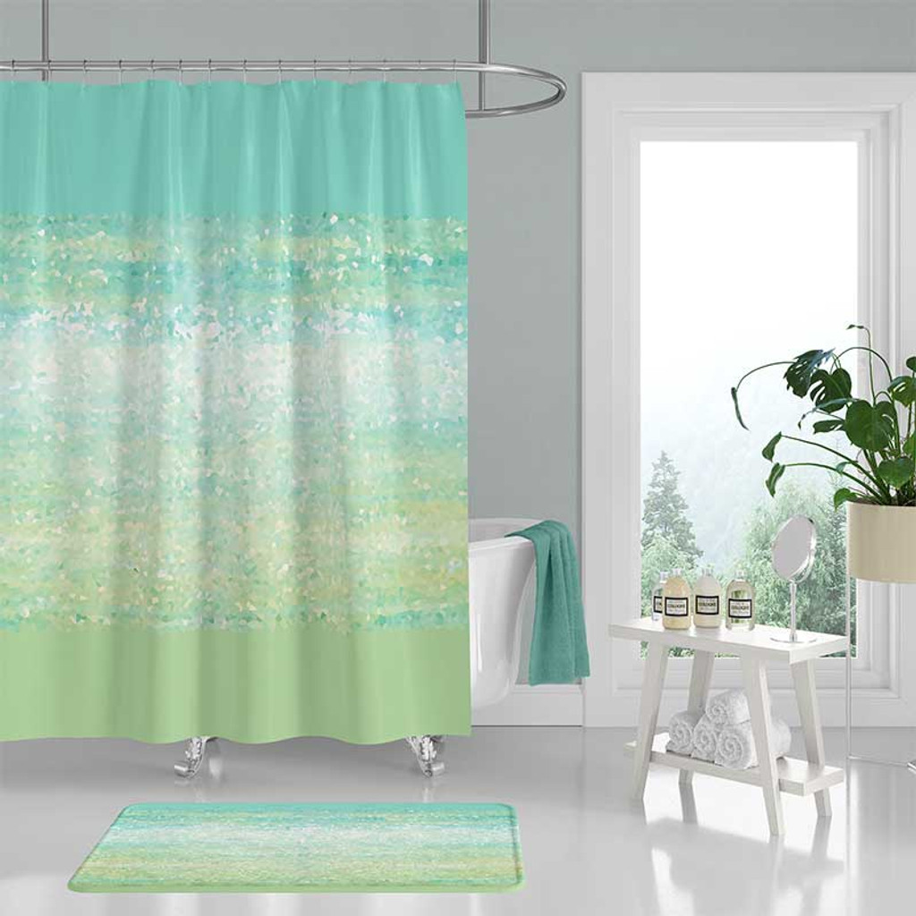 shower curtain and bath mat in mint green, blue and white