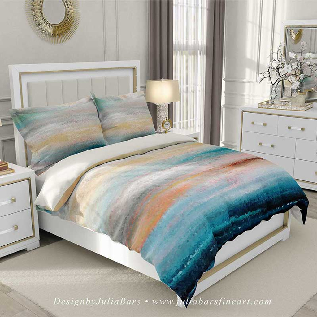 abstract coastal duvet cover in teal, blue and gray