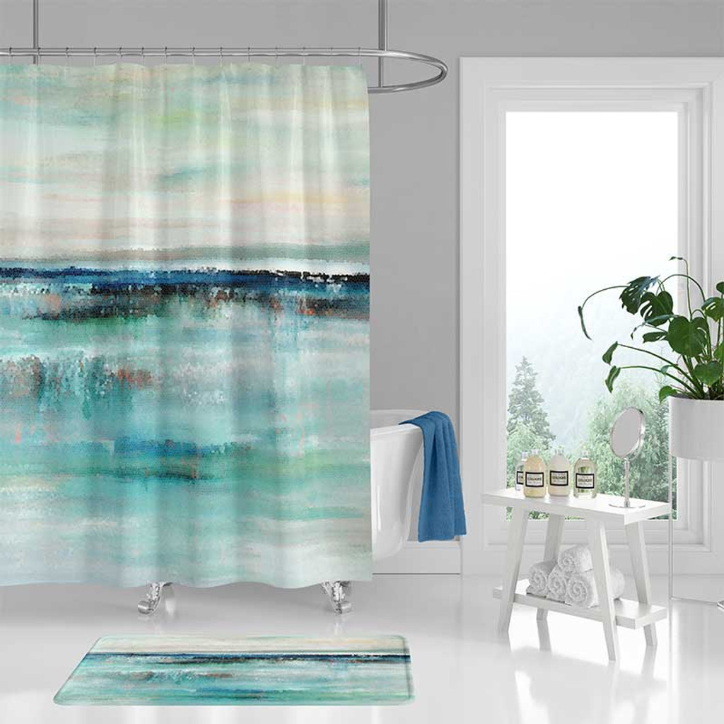 blue and beige shower curtain