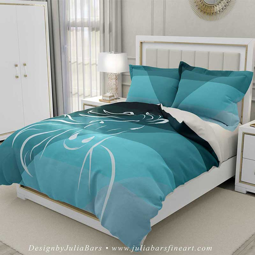 horse duvet cover in teal and black