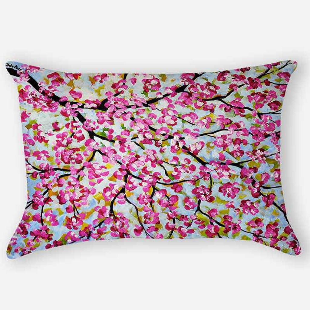 lumbar pillow with cherry tree, pink, blue