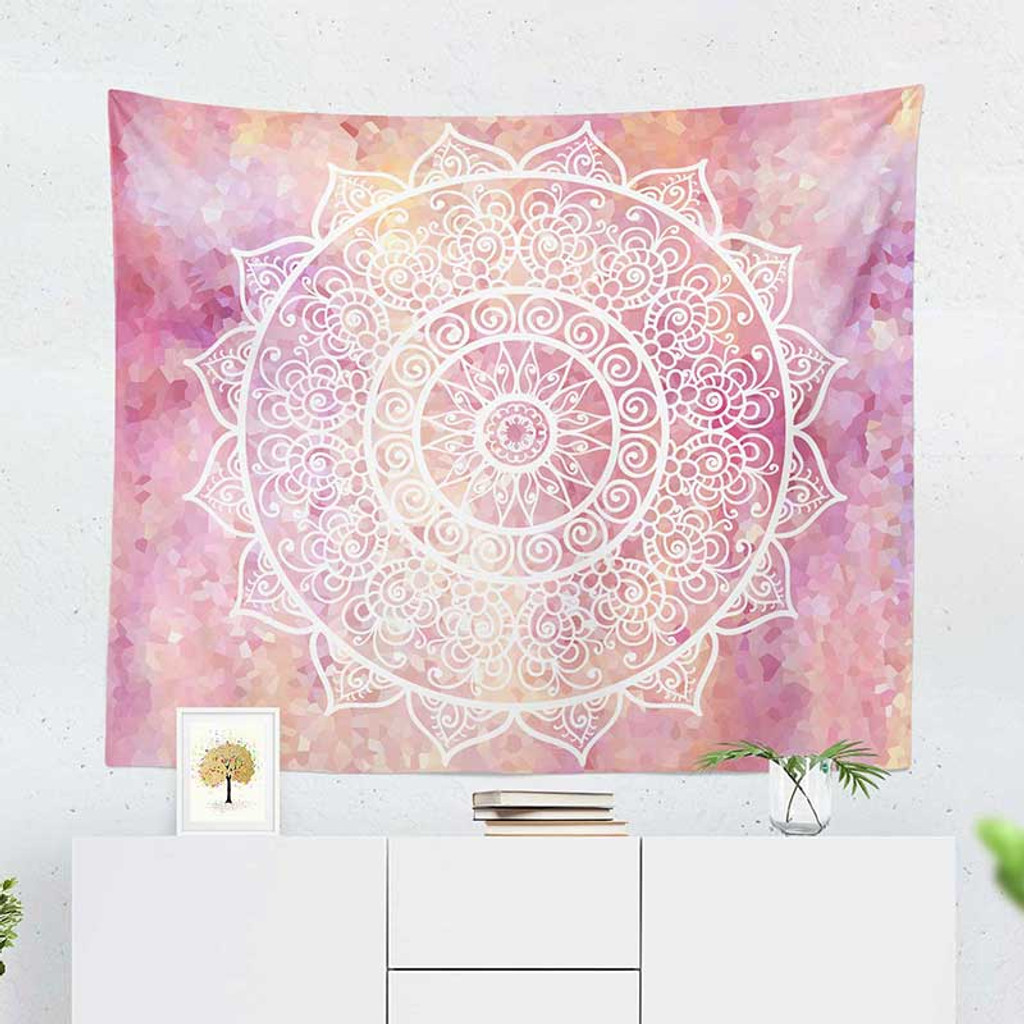 Mandala Wall Hanging Tapestry, Blush Pink and Cream