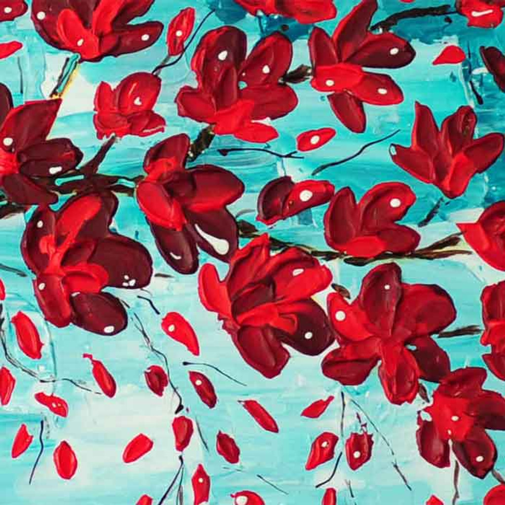 close up image of original floral painting of cherry tree