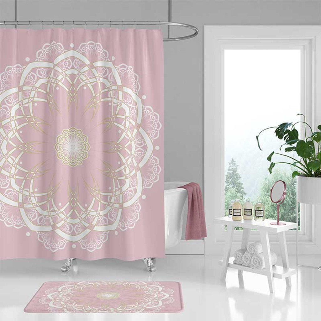 pink shower curtain with mandala design