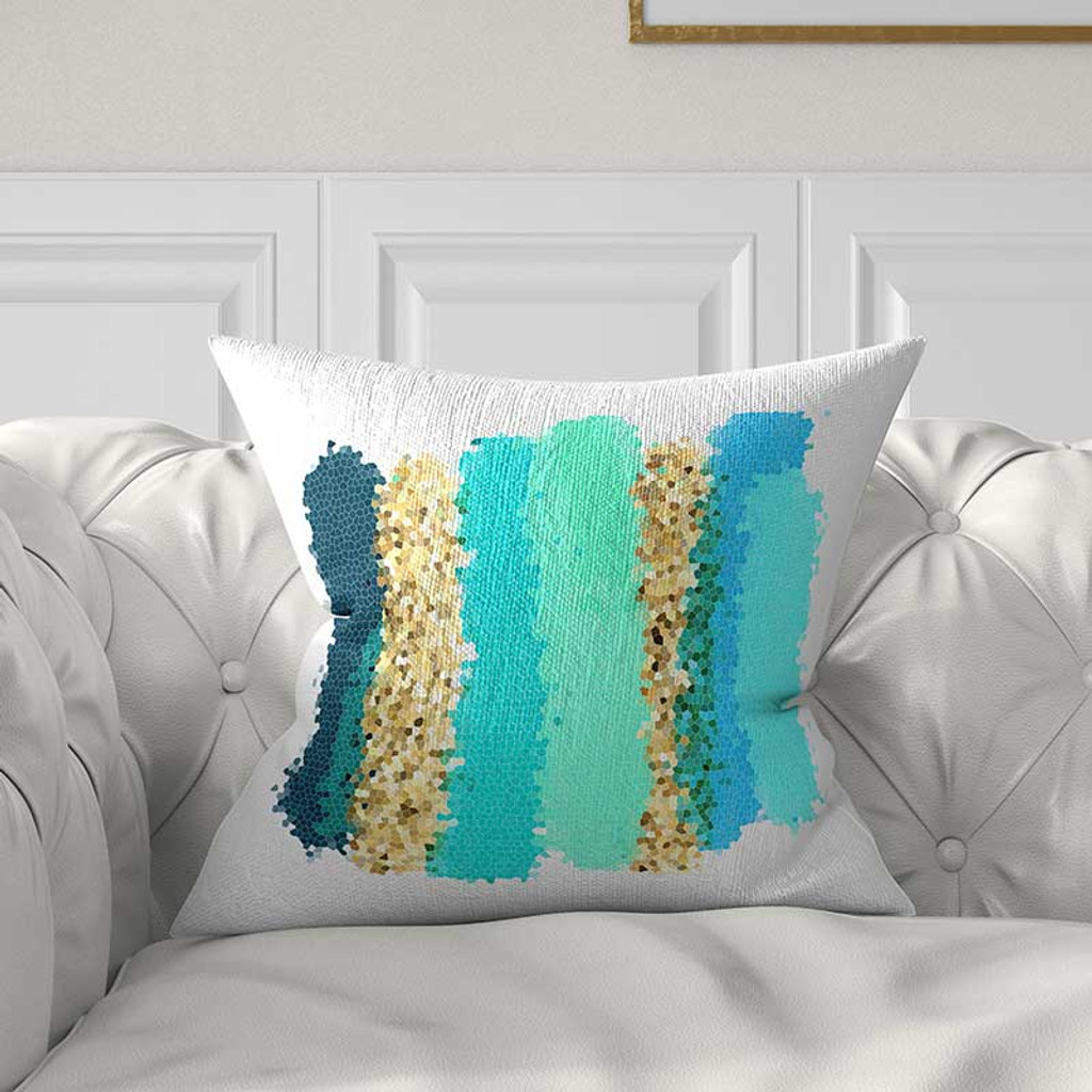 color block throw pillow in blue, teal and aqua