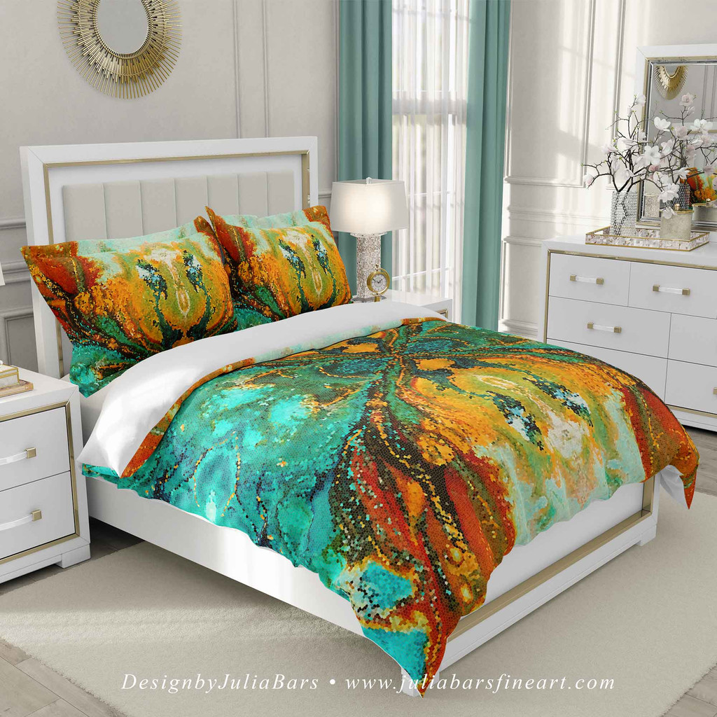 Bohemian inspired abstract art duvet cover in teal and burnt orange