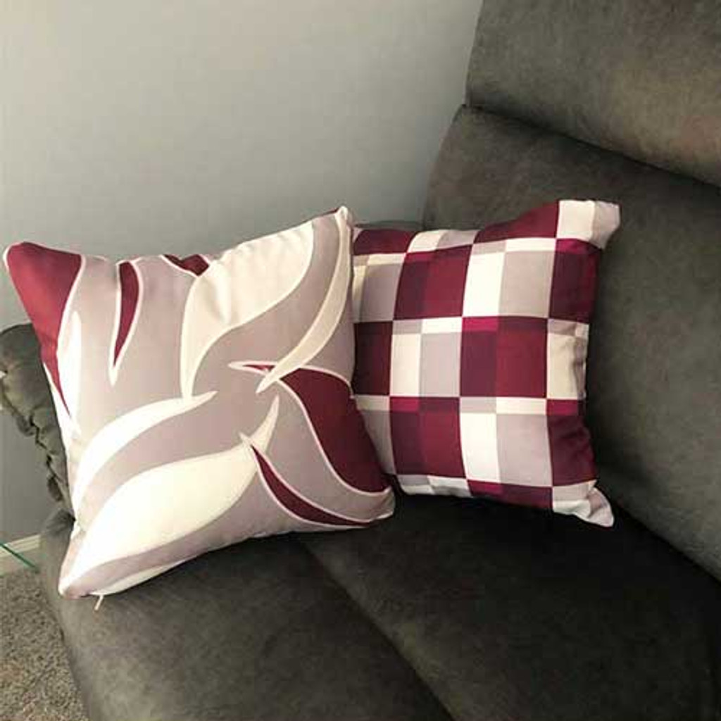 red and beige throw pillows