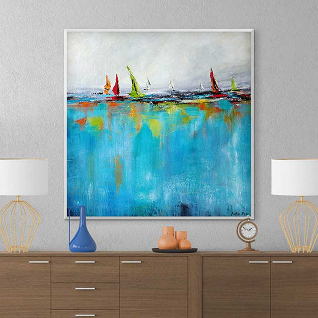 abstract seascape painting, giclee print, blue, red, green