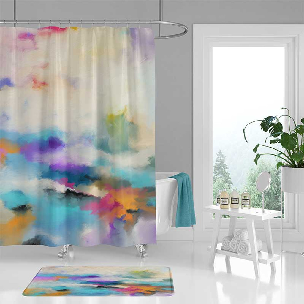 colorful abstract shower curtain and bath mat