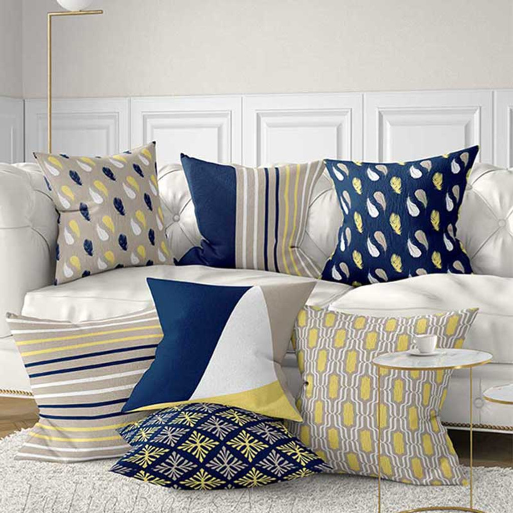 blue and yellow pillows