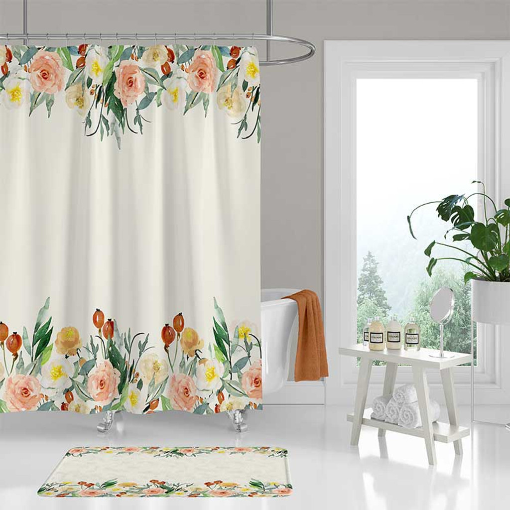 shower curtain with watercolor flowers, cream, coral pink