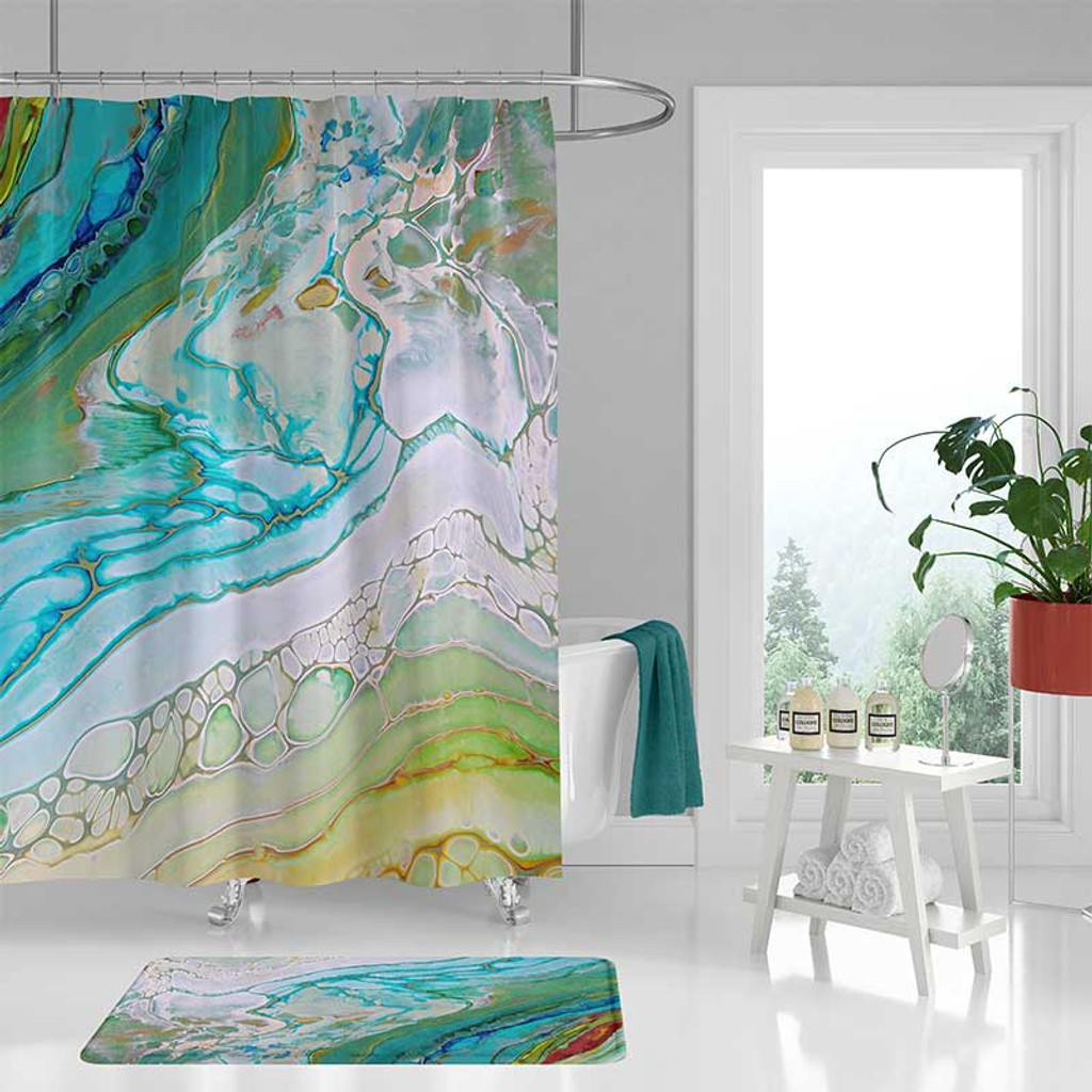 blue and green shower curtain